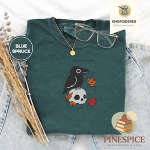 Crow and Skull Tee, Embroidered Raven T-Shirt, Halloween Comfort Colors 1717, Spooky Fall Shirt, Gothic Bird Tee, Boo Basket Gift