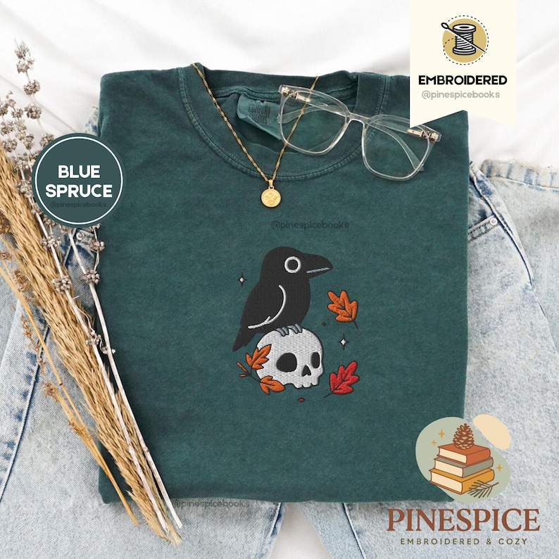 Crow and Skull Tee, Embroidered Raven T-Shirt, Halloween Comfort Colors 1717, Spooky Fall Shirt, Gothic Bird Tee, Boo Basket Gift