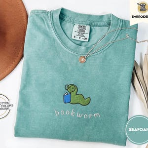 Bookworm Embroidered Tee – Cute Comfort Colors Shirt for Book Lovers, Bookish Gifts