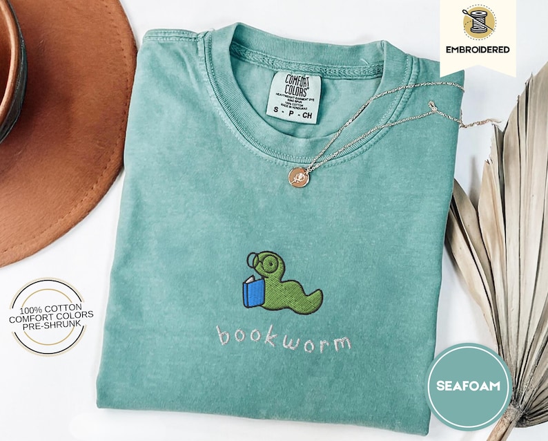Bookworm Embroidered Tee – Cute Comfort Colors Shirt for Book Lovers, Bookish Gifts
