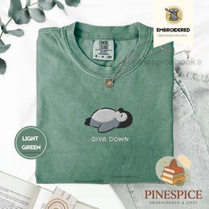 May include: Light green t-shirt with an embroidered penguin design and the text "DIVA DOWN." The shirt has a crew neck and short sleeves. The brand name "COMFORT COLORS" is visible on the tag. A silver necklace with a pendant is on the shirt.