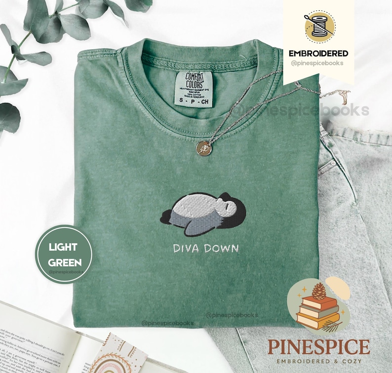 May include: Light green t-shirt with an embroidered penguin design and the text "DIVA DOWN." The shirt has a crew neck and short sleeves. The brand name "COMFORT COLORS" is visible on the tag. A silver necklace with a pendant is on the shirt.