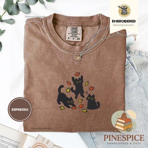 Black Cats and Fall Leaves Tee, Embroidered Autumn Cat Shirt, Comfort Colors 1717, Cute Fall T-Shirt, Cozy Cat Lover Gift, Autumn Aesthetic