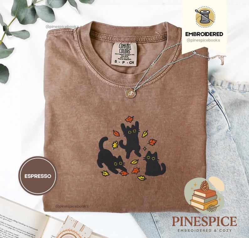 Black Cats and Fall Leaves Tee, Embroidered Autumn Cat Shirt, Comfort Colors 1717, Cute Fall T-Shirt, Cozy Cat Lover Gift, Autumn Aesthetic