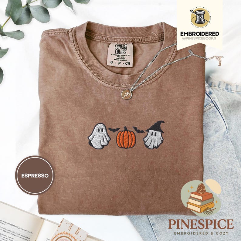 Pumpkins ghosts bats tee, cute halloween embroidered shirt, spooky season t-shirt, comfort colors 1717, cozy fall ghostcore tee, bat shirt