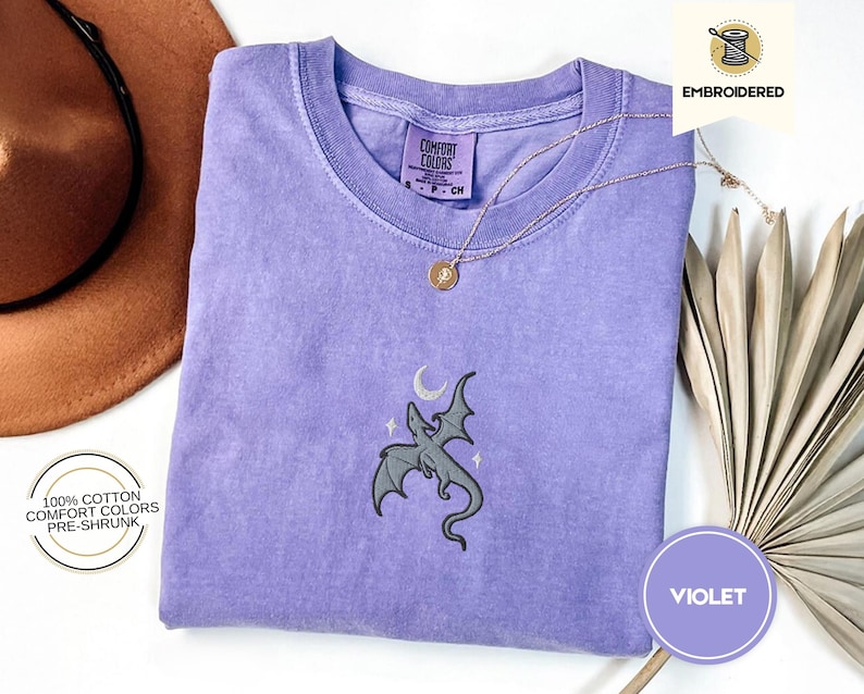 Embroidered Moon and Dragon Fantasy Book Shirt, Bookish Witchy Vibes