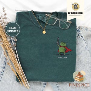 Huzzah Frog with Sword Tee, Embroidered Medieval Frog Shirt, Comfort Colors 1717, Funny DnD T-Shirt, Renaissance Faire Frog Gift