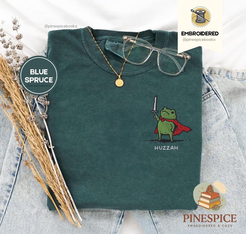 Huzzah Frog with Sword Tee, Embroidered Medieval Frog Shirt, Comfort Colors 1717, Funny DnD T-Shirt, Renaissance Faire Frog Gift