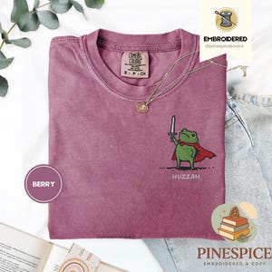 Huzzah Frog with Sword Tee, Embroidered Medieval Frog Shirt, Comfort Colors 1717, Funny DnD T-Shirt, Renaissance Faire Frog Gift