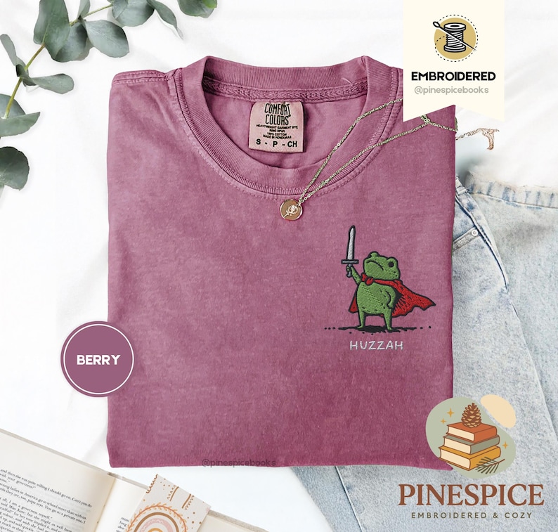 Huzzah Frog with Sword Tee, Embroidered Medieval Frog Shirt, Comfort Colors 1717, Funny DnD T-Shirt, Renaissance Faire Frog Gift