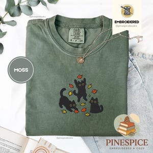 Black Cats and Fall Leaves Tee, Embroidered Autumn Cat Shirt, Comfort Colors 1717, Cute Fall T-Shirt, Cozy Cat Lover Gift, Autumn Aesthetic