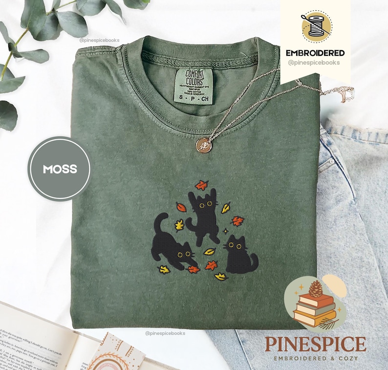 Black Cats and Fall Leaves Tee, Embroidered Autumn Cat Shirt, Comfort Colors 1717, Cute Fall T-Shirt, Cozy Cat Lover Gift, Autumn Aesthetic