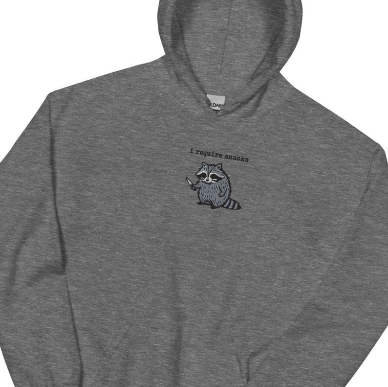 I Require Snacks Hoodie, Embroidered Raccoon Sweatshirt, Funny Gildan 18500 Hoodie, Snack Lover Gift, Cozy Chaos Hoodie, Trash Panda