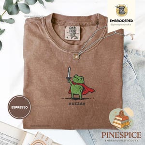 Huzzah Frog with Sword Tee, Embroidered Medieval Frog Shirt, Comfort Colors 1717, Funny DnD T-Shirt, Renaissance Faire Frog Gift