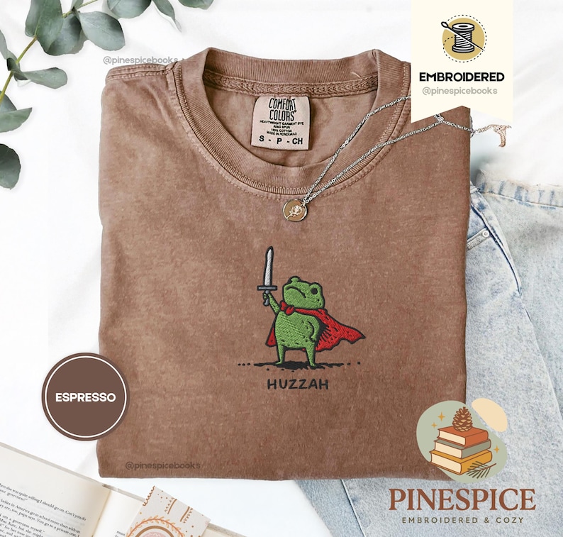 Huzzah Frog with Sword Tee, Embroidered Medieval Frog Shirt, Comfort Colors 1717, Funny DnD T-Shirt, Renaissance Faire Frog Gift