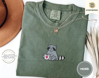 Raccoon Coffee Embroidered Shirt Comfort Colors Tee - Cute Animal Embroidery - Coffee Lover Gift - Cottagecore Forestcore Tee - Cozy T-Shirt