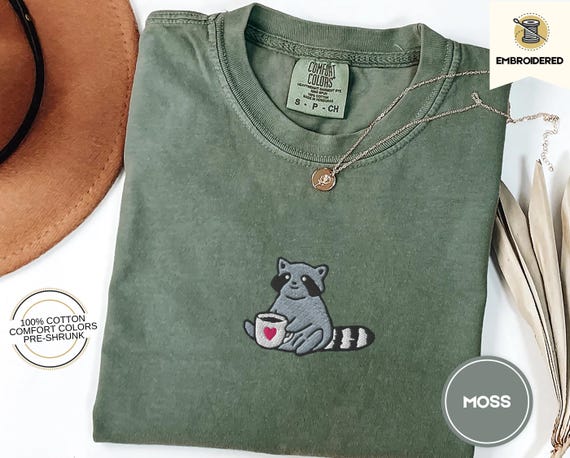 Raccoon Coffee Embroidered Shirt Comfort Colors Tee - Cute Animal Embroidery - Coffee Lover Gift - Cottagecore Forestcore Tee - Cozy T-Shirt