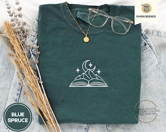 Embroidered Open Book Comfort Colors Tee, Book Lover Gift