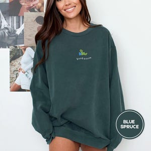 embroidered bookworm comfort colors sweatshirt, cozy fall sweater for book lovers, readers gift