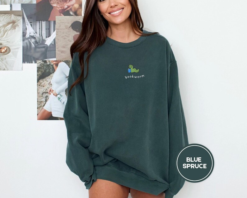 embroidered bookworm comfort colors sweatshirt, cozy fall sweater for book lovers, readers gift