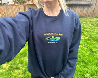 San Juan Islands Embroidered Washington State Sweatshirt, Sailboat and Orcas coastal crewneck gifts for nature loves