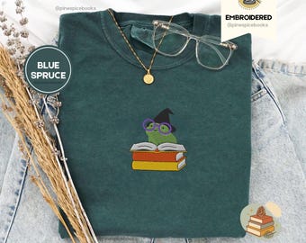 Witchy Frog Shirt, Embroidered Frog and Spell Books Tee, Cute Halloween T-Shirt, Comfort Colors 1717, Fall Witch Frog Shirt, Cozy Frog Gift