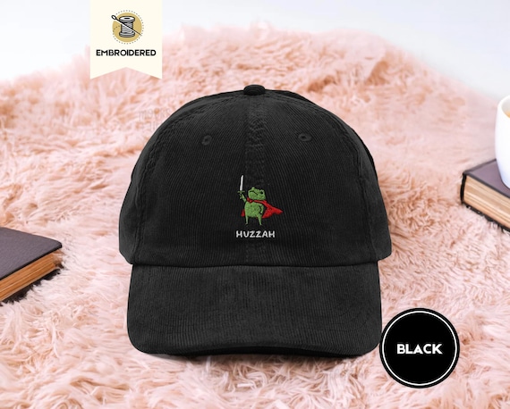 huzzah frog dad hat, embroidered ren faire cap, fantasy sword frog hat, vintage corduroy cap, frog gift, ba703 embroidered hat
