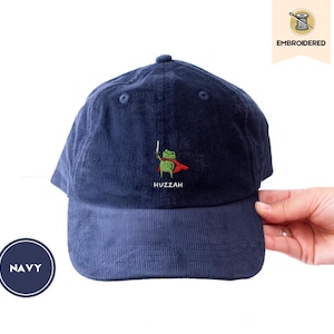 huzzah frog dad hat, embroidered ren faire cap, fantasy sword frog hat, vintage corduroy cap, frog gift, ba703 embroidered hat