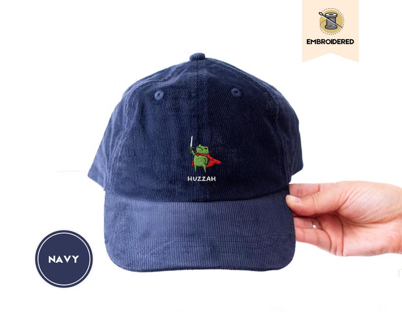 huzzah frog dad hat, embroidered ren faire cap, fantasy sword frog hat, vintage corduroy cap, frog gift, ba703 embroidered hat