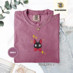Jiji Anime Cat Embroidered Tee – Comfort Colors® Kawaii Cozy Shirt, Studio-Inspired Witchy Cat Gift, Cute Magical Familiar Tee