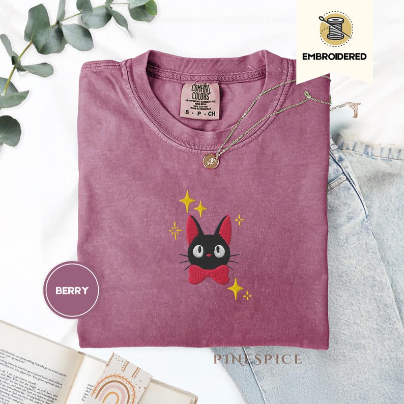 Jiji Anime Cat Embroidered Tee – Comfort Colors® Kawaii Cozy Shirt, Studio-Inspired Witchy Cat Gift, Cute Magical Familiar Tee