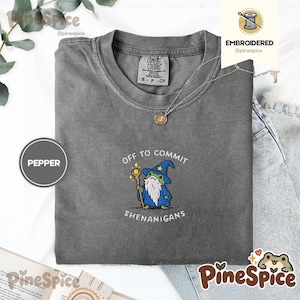 Può includere: Una t-shirt grigio antracite a maniche corte con il ricamo di una rana verde vestita da mago con tunica e cappello blu, che tiene un bastone. Il testo recita OFF TO COMMIT SHENANIGANS. La maglietta ha un girocollo e un'etichetta.