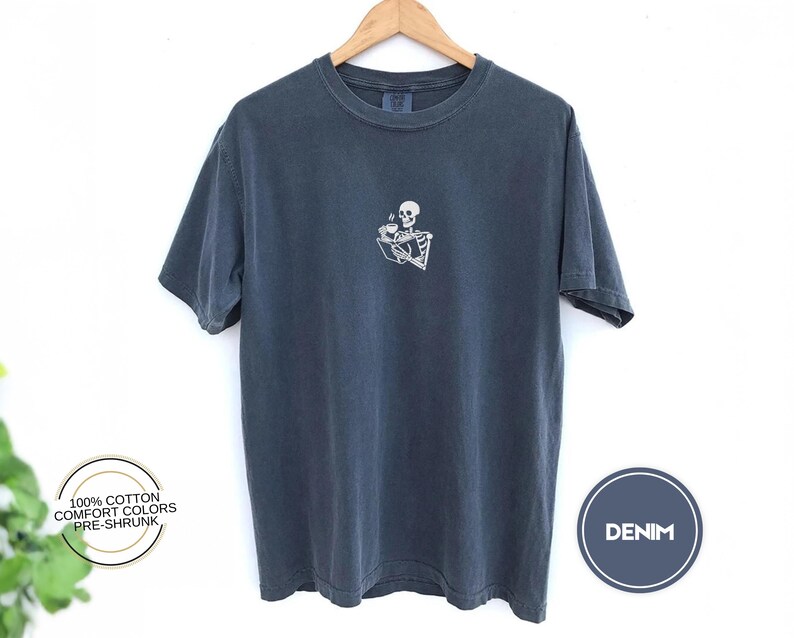 Embroidered Skeleton Reading a Book Shirt – Comfort Colors Book Lover Tee Cozy Aesthetic Embroidery Dark Academia Spooky Season Reader Shirt