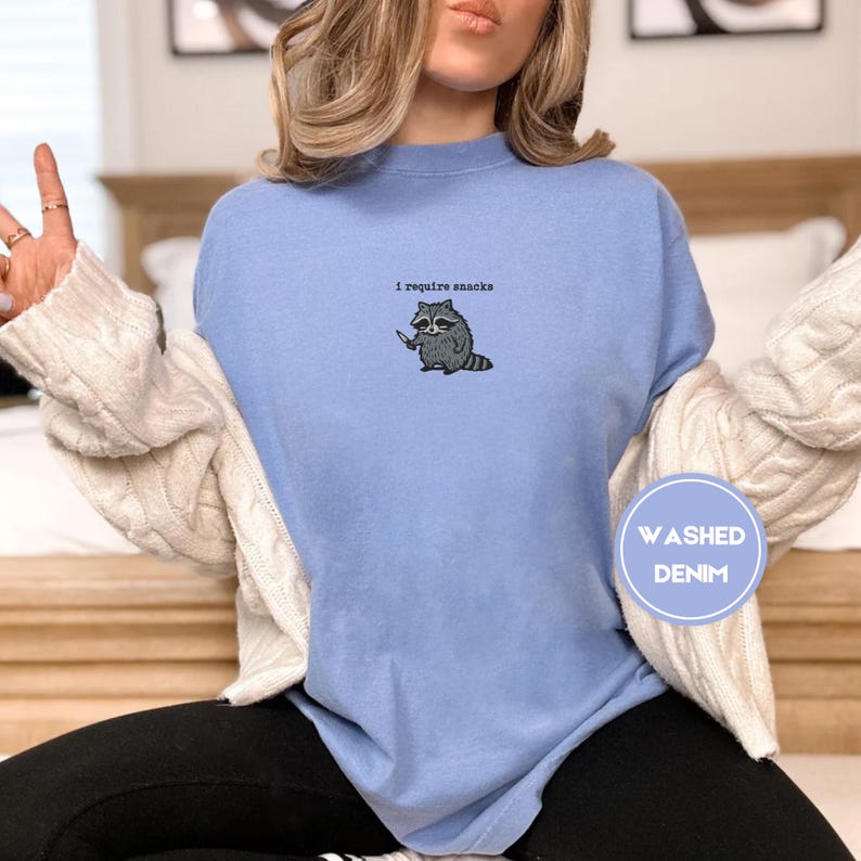 I Require Snacks Embroidered Raccoon Tee – Funny Comfort Colors® Shirt, Goblincore Animal Lover Gift, Cozy Snack Gremlin Tee