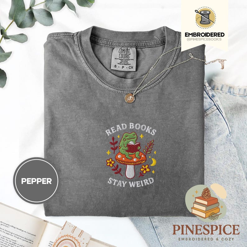 Read books stay weird tee, embroidered mushroom frog shirt, bookish cottagecore t-shirt, comfort colors 1717, cozy reader gift, frogcore tee