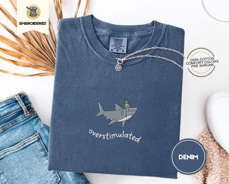 Overstimulated Party Hat Shark Embroidered Comfort Colors® Tee – Funny Weirdcore Summer Shirt, Neurodivergent Shark Shirt, Ocean Vibes Tee