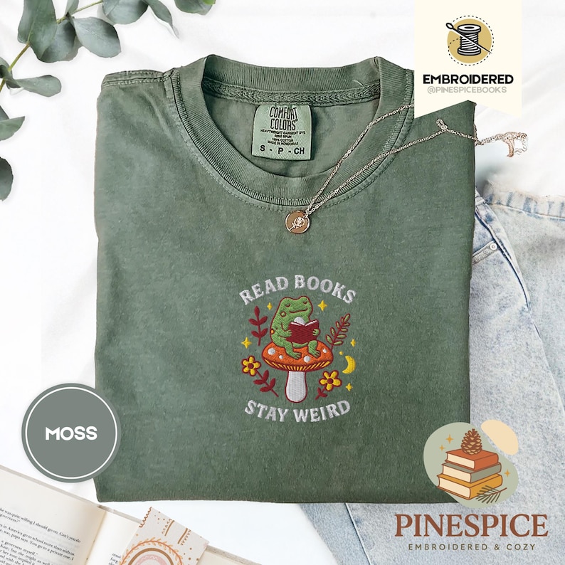 Read books stay weird tee, embroidered mushroom frog shirt, bookish cottagecore t-shirt, comfort colors 1717, cozy reader gift, frogcore tee