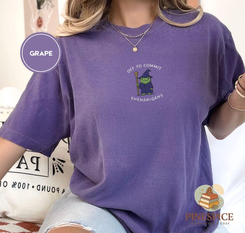 Off to Commit Shenanigans Wizard Frog Funny DnD Tee, Embroidered Comfort Colors 1717, Ren Faire Fantasy Gift