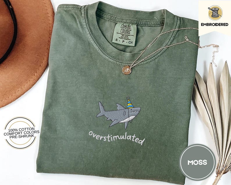 Overstimulated Party Hat Shark Embroidered Comfort Colors® Tee – Funny Weirdcore Summer Shirt, Neurodivergent Shark Shirt, Ocean Vibes Tee