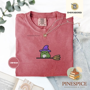 Witchy Frog Broomstick Tee, Embroidered Halloween Shirt, Cute Whimsical Frog T-Shirt, Comfort Colors 1717, Boo Basket Gift, Fall Tee