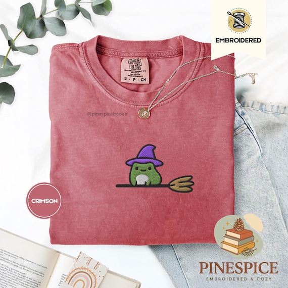 Witchy Frog Broomstick Tee, Embroidered Halloween Shirt, Cute Whimsical Frog T-Shirt, Comfort Colors 1717, Boo Basket Gift, Fall Tee