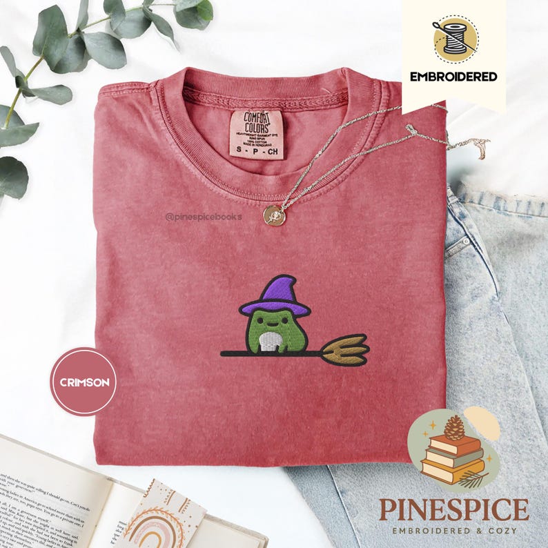 Witchy Frog Broomstick Tee, Embroidered Halloween Shirt, Cute Whimsical Frog T-Shirt, Comfort Colors 1717, Boo Basket Gift, Fall Tee
