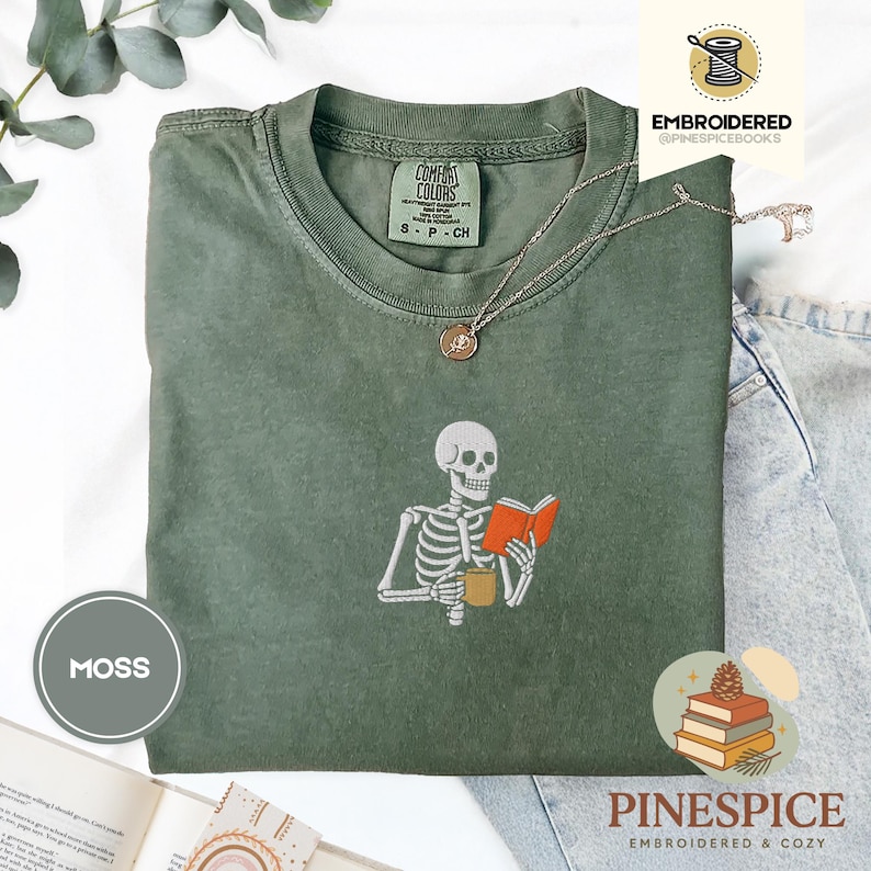 Skeleton reading book tee, embroidered skeleton coffee shirt, spooky book lover t-shirt, comfort colors 1717, fall vibes shirt, boo basket