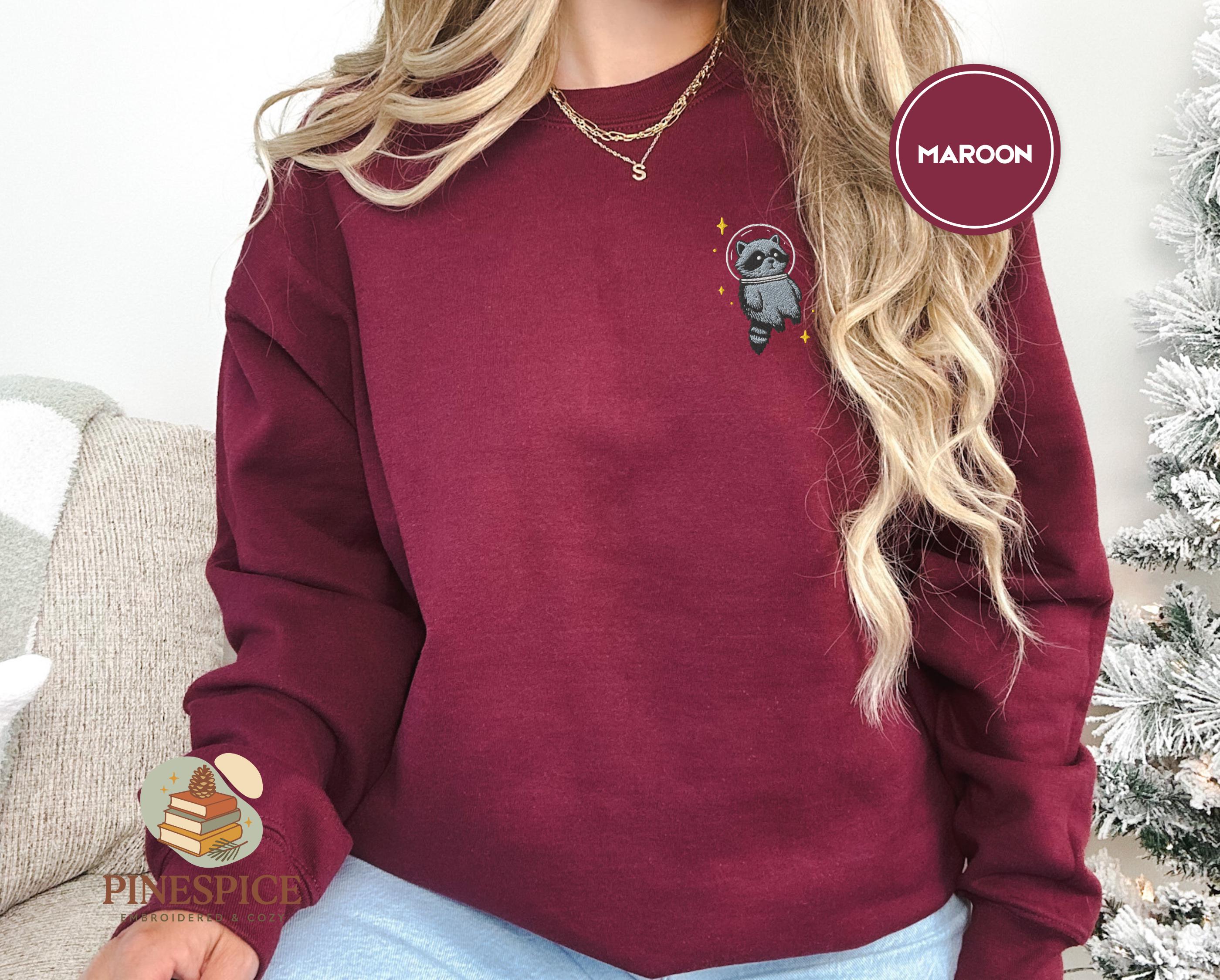 Space Raccoon Sweatshirt, Cute Raccoon Embroidered Crewneck 