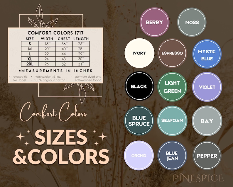 K&ouml;nnte beinhalten: Bild mit einer Gr&ouml;&szlig;entabelle f&uuml;r Comfort Colors 1717-Kleidung, mit Ma&szlig;en in Zoll. Die Tabelle umfasst die Gr&ouml;&szlig;en S bis 2XL und gibt Breite, Brustumfang und L&auml;nge an. Eine Farbpalette mit Farbt&ouml;nen wie Berry, Moss und Black wird ebenfalls angezeigt.