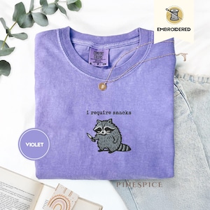 I Require Snacks Embroidered Raccoon Tee – Funny Comfort Colors® Shirt, Goblincore Animal Lover Gift, Cozy Snack Gremlin Tee
