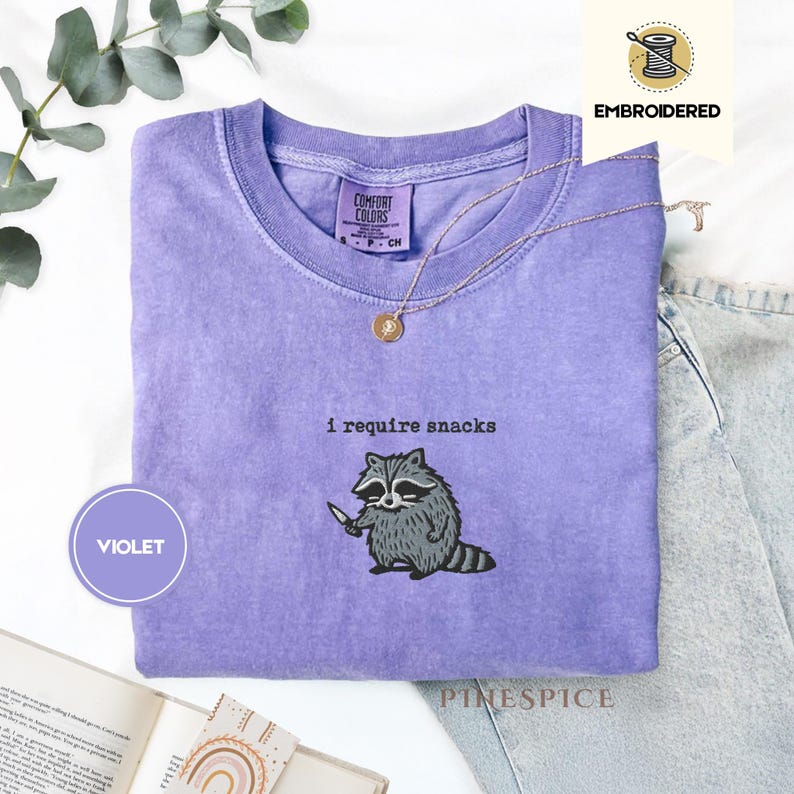 I Require Snacks Embroidered Raccoon Tee – Funny Comfort Colors® Shirt, Goblincore Animal Lover Gift, Cozy Snack Gremlin Tee