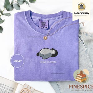 May include: A violet Comfort Colors t-shirt with an embroidered design of a sleeping penguin and the words "DIVA DOWN." A gold necklace and a "VIOLET" circle are also visible. The shirt is folded on a light surface.