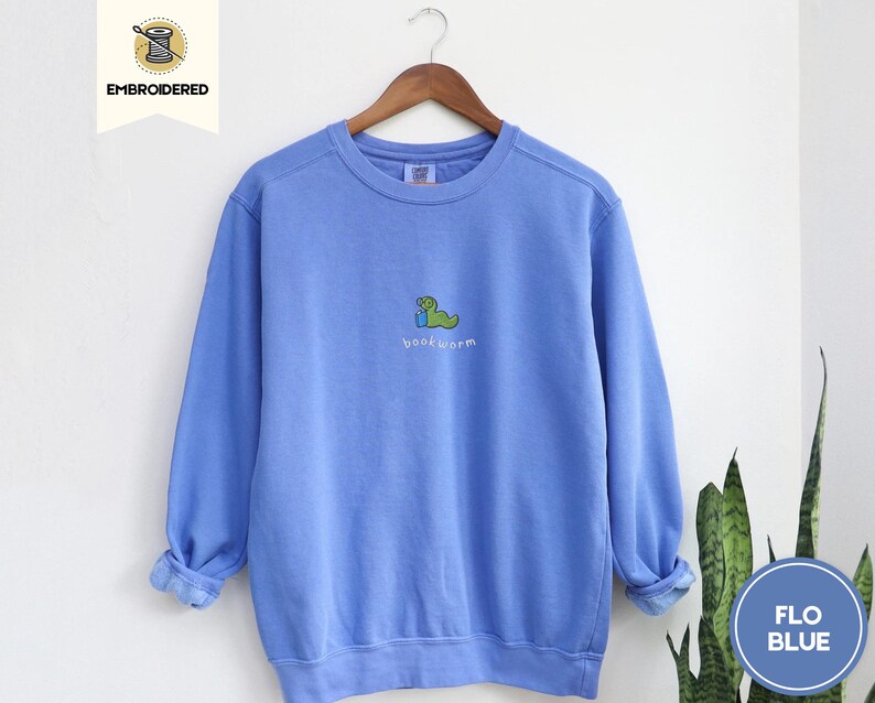 embroidered bookworm comfort colors sweatshirt, cozy fall sweater for book lovers, readers gift