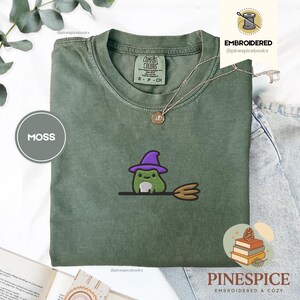 Witchy Frog Broomstick Tee, Embroidered Halloween Shirt, Cute Whimsical Frog T-Shirt, Comfort Colors 1717, Boo Basket Gift, Fall Tee